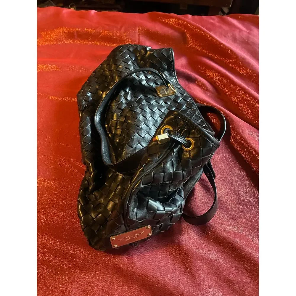Michael Kors Shoulder Bag Womens Medium Woven Leather Black Gold Hardware MK